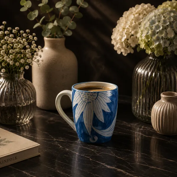 "Indigo Sunflower" Tapered Ceramic Mug